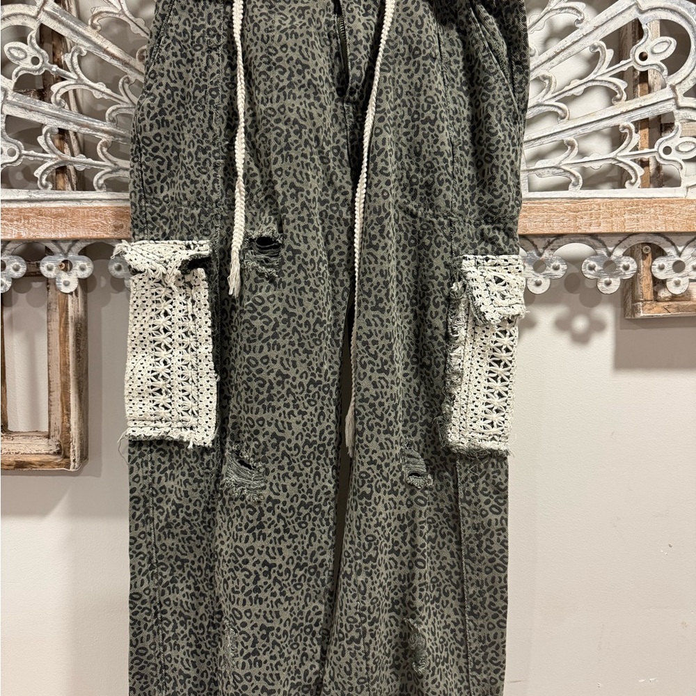 POL Leopard Print Joggers with Distressed look while sporting Crochet/Lace Trim